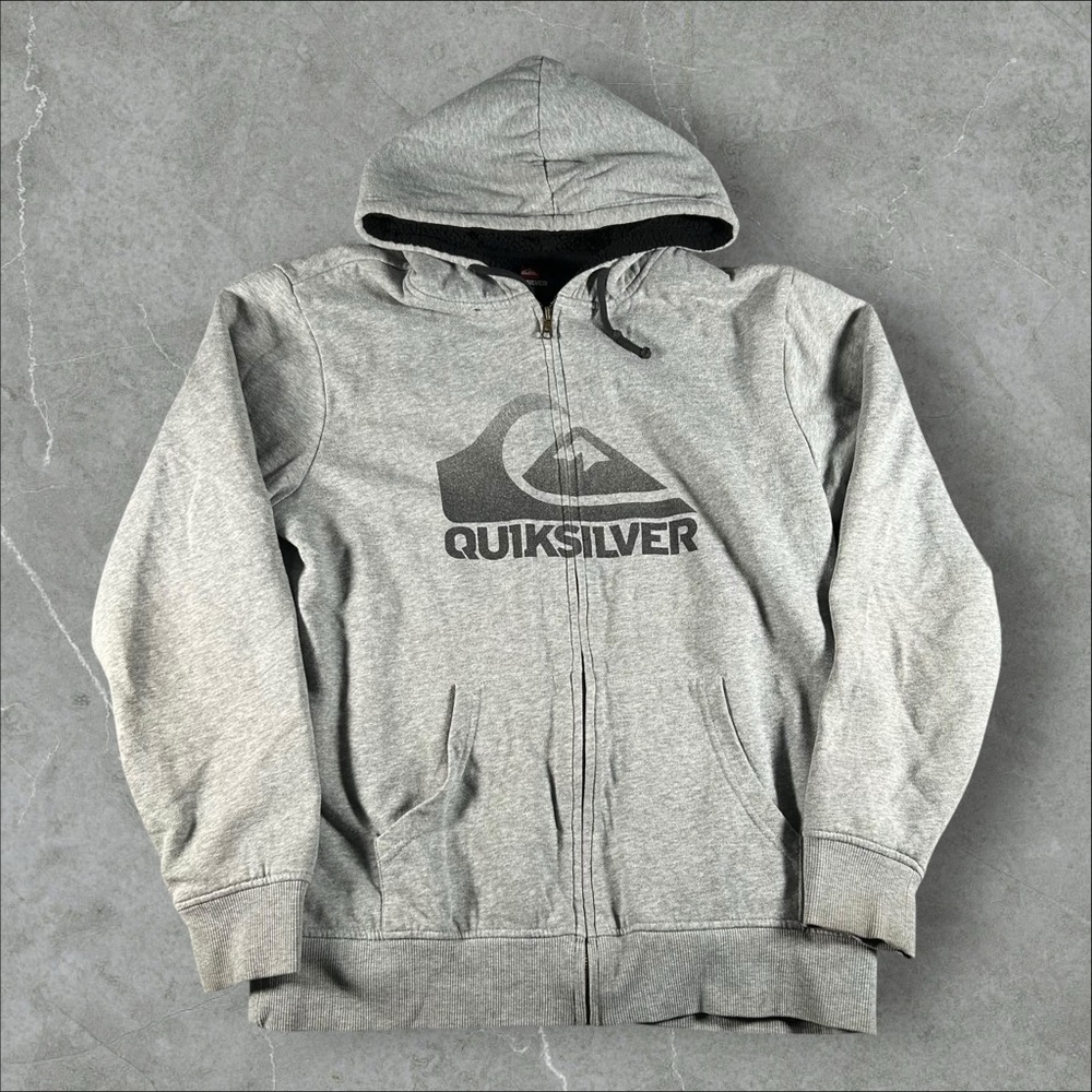 Vintage Quiksilver‎ Hoodie Mens Large Grey 90s Y2K Surfwear Skater Grunge Sherpa